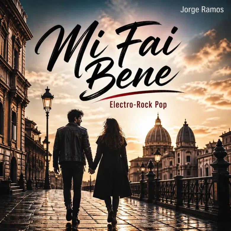 Portada cuadrada cinematográfica: figura iluminada por una luz cálida después de una tormenta, piano oscuro y guitarra en sombra; atmósfera íntima y esperanzadora; título “Mi Fai Bene” legible.