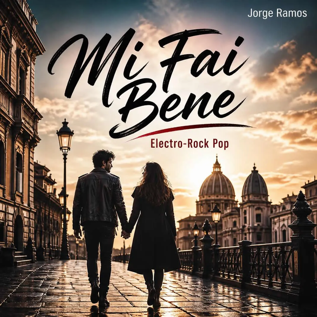 Portada cuadrada cinematográfica: figura iluminada por una luz cálida después de una tormenta, piano oscuro y guitarra en sombra; atmósfera íntima y esperanzadora; título “Mi Fai Bene” legible.