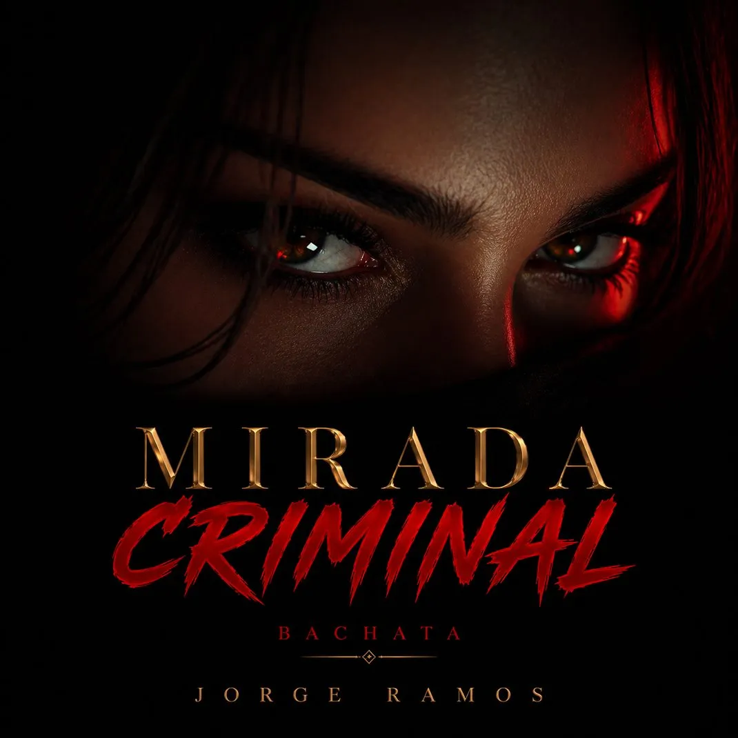 Portada cuadrada de bachata nocturna: pareja/siluetas cerca en pista con luz cálida, mirada intensa y coqueta, ambiente de club latino, sensación de complicidad; título “Mirada Criminal” legible.