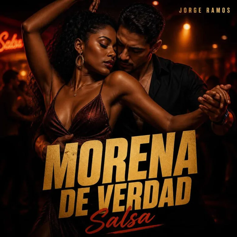 Portada del single “Morena de verdad” de Jorge Ramos, con estética de salsa moderna, colores cálidos y presencia destacada de una mujer morena.