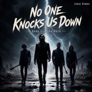 Portada cuadrada oscura y épica: figuras caminando de frente bajo luz eléctrica, guitarras en sombra, atmósfera de rock alternativo cinematográfico y sensación de victoria; título “No One Knocks Us Down” legible.