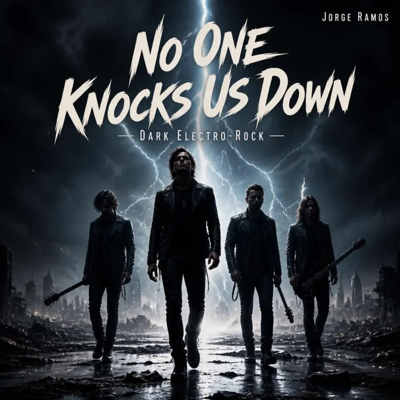 Portada cuadrada oscura y épica: figuras caminando de frente bajo luz eléctrica, guitarras en sombra, atmósfera de rock alternativo cinematográfico y sensación de victoria; título “No One Knocks Us Down” legible.
