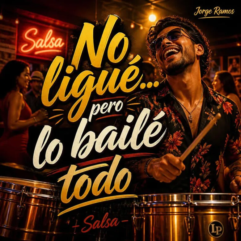 Portada “No ligué… pero lo bailé todo”: escena de club cálida con timbales/pista y tipografía festiva; humor y energía tropical.