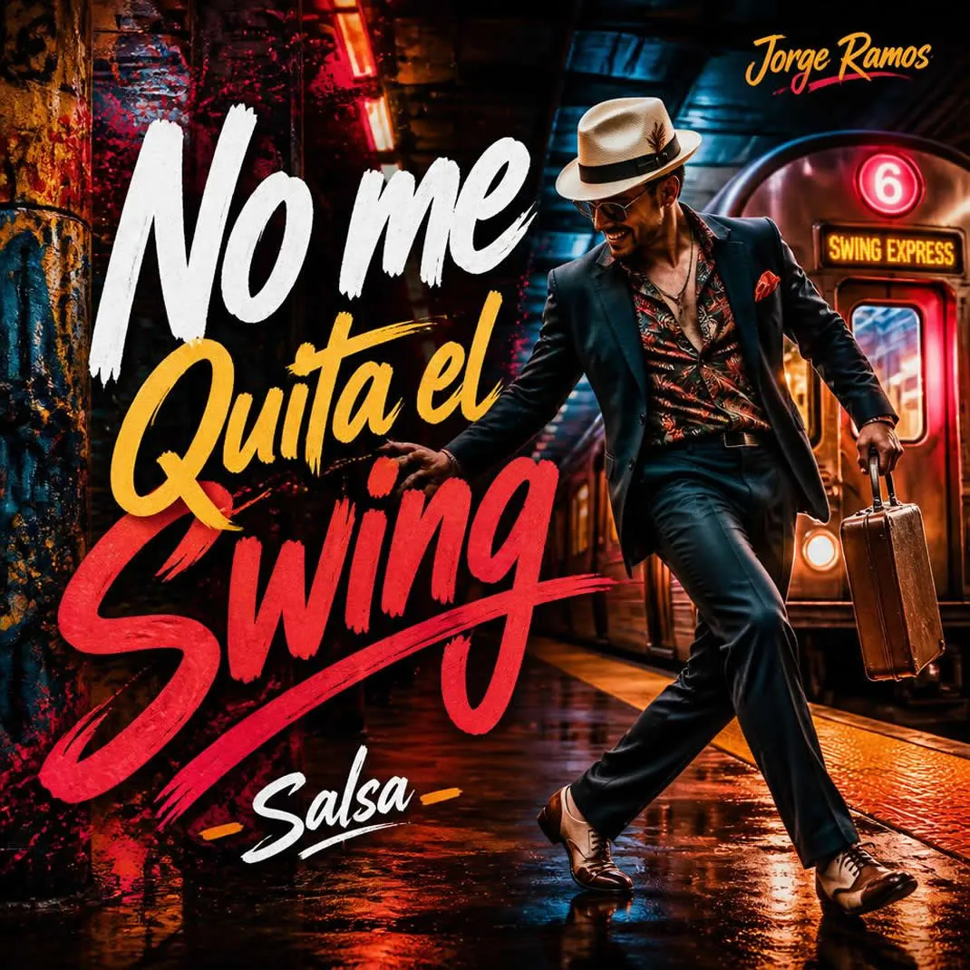 Portada “No me quita el swing”: estética urbana divertida con neón y textura callejera; personaje con pose confiada bailando.