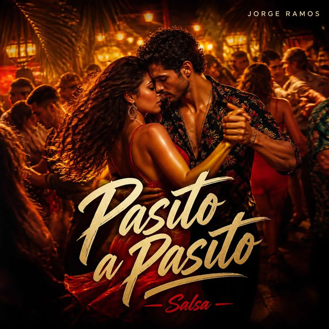 Portada del single "Pasito a Pasito" de Jorge Ramos, con bailarines de salsa en una pista tropical iluminada por luces cálidas, en una escena alegre y llena de movimiento.