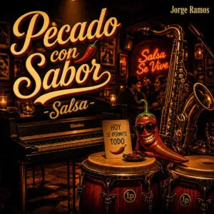 congas al frente y ambiente de club latino con humor y “candela”; título “Pecado con sabor” grande y legible.