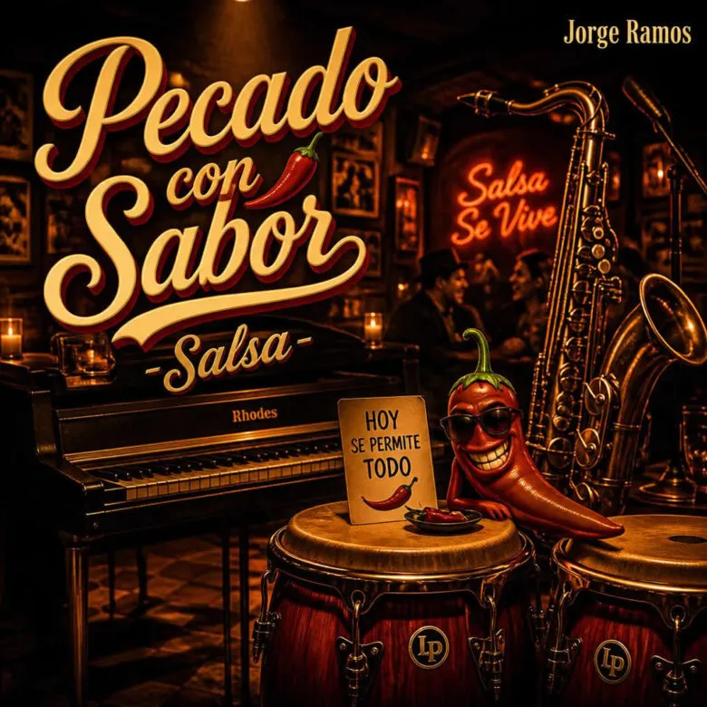 congas al frente y ambiente de club latino con humor y “candela”; título “Pecado con sabor” grande y legible.
