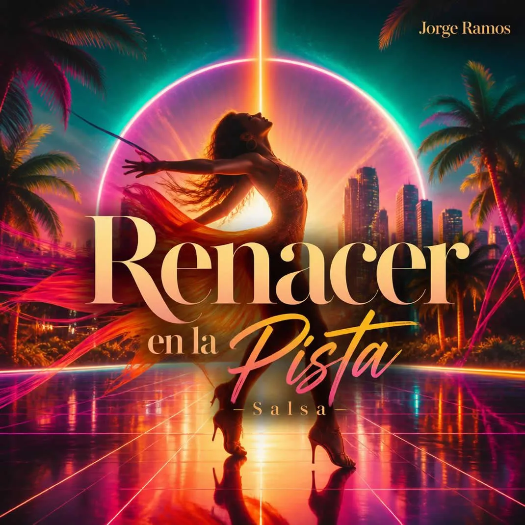 Renacer en la Pista de Jorge Ramos, con pista y luces neón que simbolizan levantarse y renacer sobre fondo tropical oscuro.