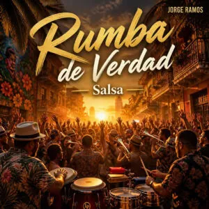 Rumba de Verdad: escena de amanecer festivo con congas/timbales y bronces brillando; tipografía épica; energía comunitaria.
