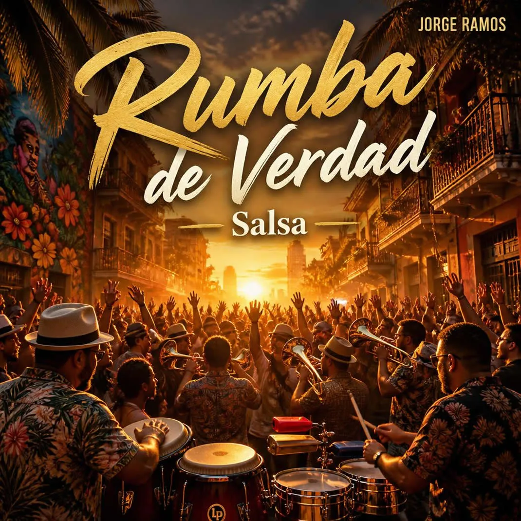 Rumba de Verdad: escena de amanecer festivo con congas/timbales y bronces brillando; tipografía épica; energía comunitaria.