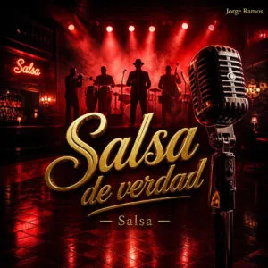 Portada “Salsa de verdad” con luces rojas de club latino, micrófono vintage al centro y atmósfera de humo cálido.