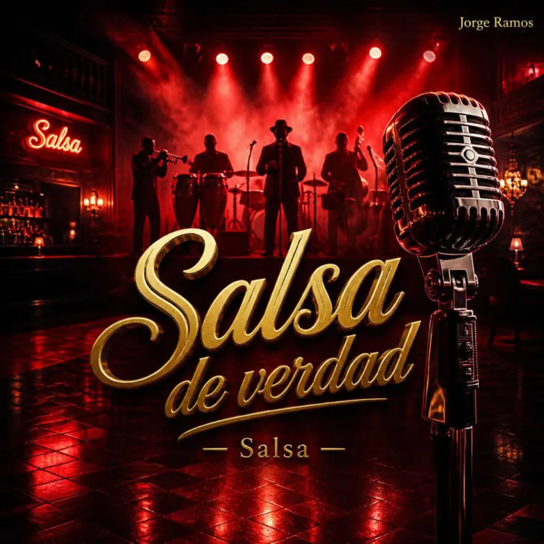 Portada “Salsa de verdad” con luces rojas de club latino, micrófono vintage al centro y atmósfera de humo cálido.