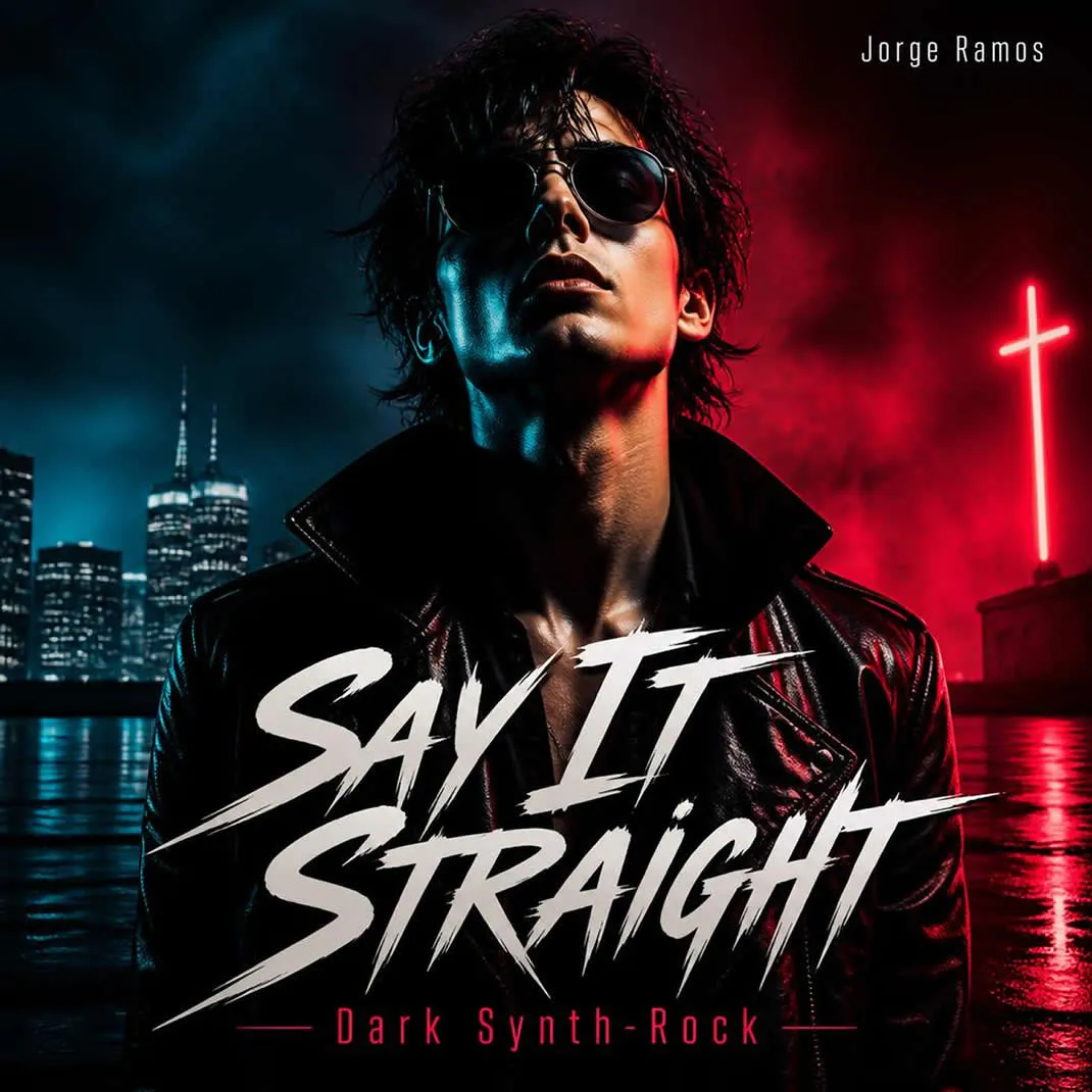 Portada figura bajo luz de neón azul y magenta, líneas rectas atravesando humo sutil, estética 80s new wave; título “Say It Straight” legible.