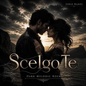 Portada cuadrada cinematográfica: figura de pie bajo luz nocturna intensa, guitarra eléctrica en sombra y atmósfera de arena rock emocional; título “Scelgo Te” grande y legible.