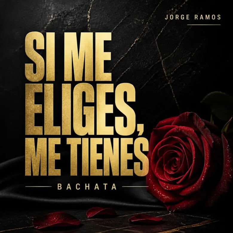 Portada cuadrada de bachata moderna romántica: ambiente nocturno cálido, dos siluetas bailando pegadas con luz suave; sensación de compromiso y ternura; título “Si Me Eliges, Me Tienes” legible.