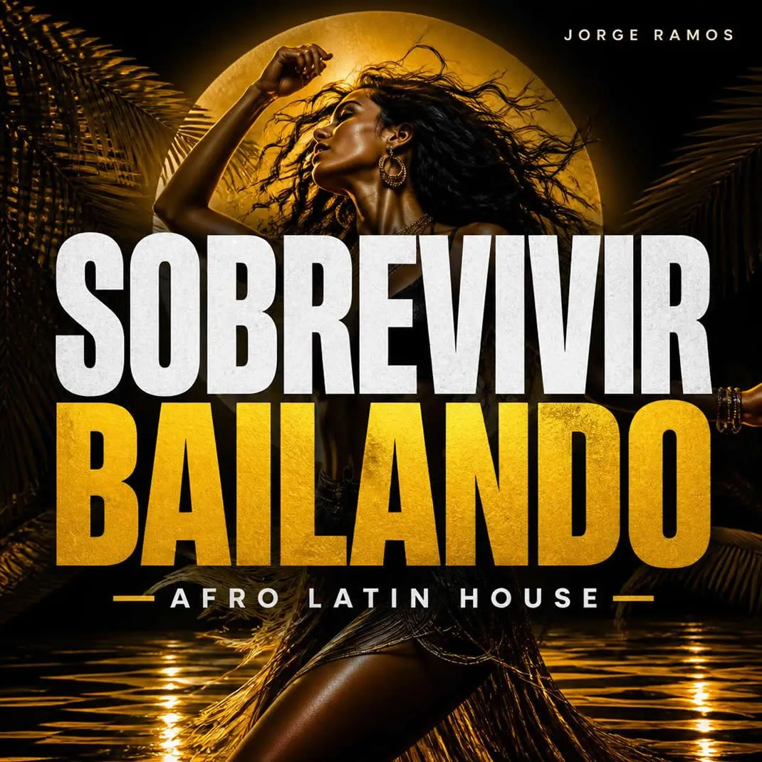 Portada cuadrada nocturna y elegante: silueta en la ciudad con bruma y destellos cálidos, sensación de resistencia y renacer; título “Sobrevivir Bailando” claro y de alto contraste.