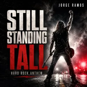 Portada cuadrada de rock de estadio: figura de pie bajo lluvia y luces intensas, estética épica con alto contraste, sensación de resistencia; título “Still Standing Tall” legible.