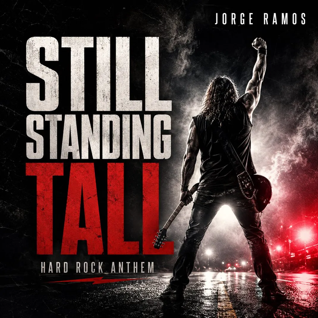 Portada cuadrada de rock de estadio: figura de pie bajo lluvia y luces intensas, estética épica con alto contraste, sensación de resistencia; título “Still Standing Tall” legible.