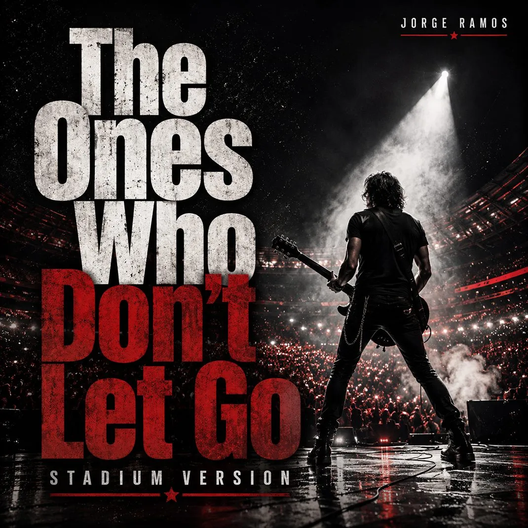 Portada cuadrada de rock de estadio: multitud con manos al cielo, luces y humo sobre un escenario, estética épica y contrastada; título “The Ones Who Don’t Let Go” legible.