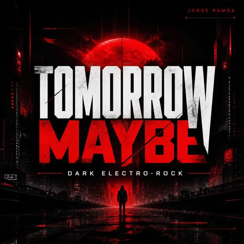 Portada cuadrada oscura y cinematográfica: guitarra eléctrica limpia en sombra, habitación nocturna con luz fría, figura alejándose de una puerta entreabierta; título “Tomorrow Maybe” legible.