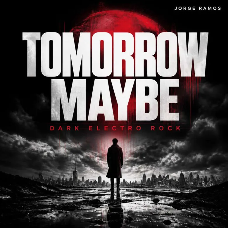 Portada cuadrada oscura y cinematográfica: guitarra eléctrica limpia en sombra, habitación nocturna con luz fría, figura alejándose de una puerta entreabierta; título “Tomorrow Maybe” legible.