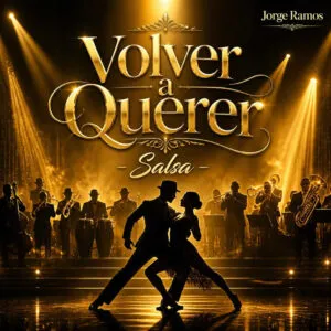 Portada de “Volver a querer”: luz dorada tipo escenario sobre siluetas de metales y una figura bailando con orgullo, con el título en la parte superior.