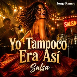 Yo tampoco era así: bailarina girando en club cálido con bokeh ámbar y tipografía festiva; energía juguetona.