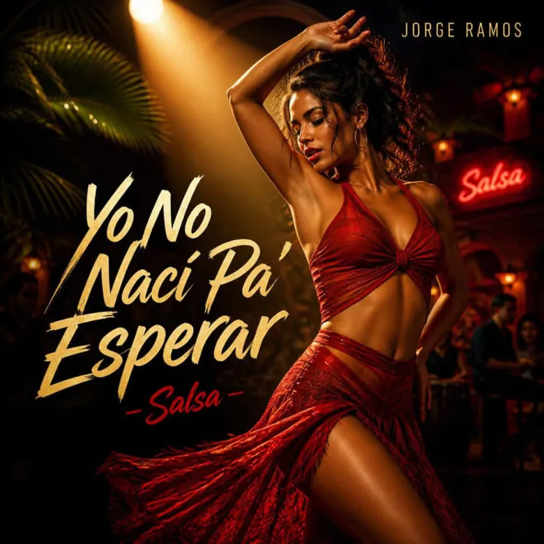 Yo No Nací Pa’ Esperar de Jorge Ramos, con una bailarina latina avanzando decidida al centro de la pista de salsa bajo un foco cálido, mientras el público duda al fondo.