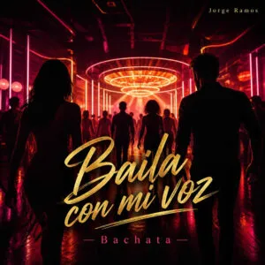 Portada con estética de bachata pop moderna: silueta de cantante frente a una pista con luces neón violeta y cian o auriculares flotando con ondas de sonido.