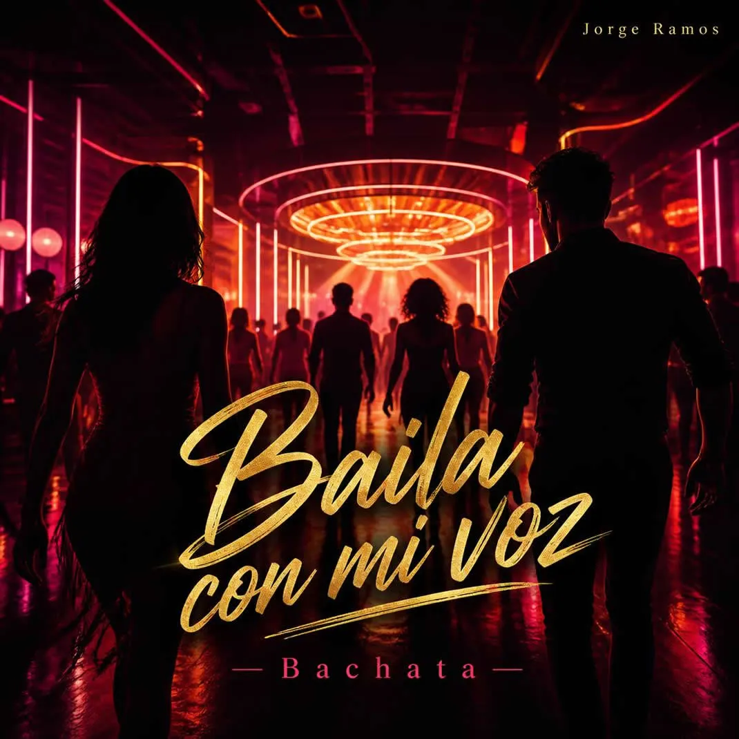 Portada con estética de bachata pop moderna: silueta de cantante frente a una pista con luces neón violeta y cian o auriculares flotando con ondas de sonido.