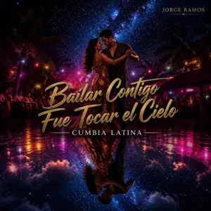 Portada pareja bailando muy cerca en una pista cálida, giro sensual capturado con movimiento.