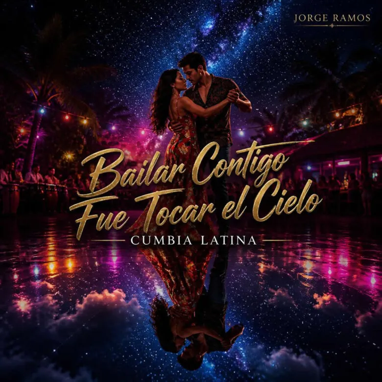 Portada pareja bailando muy cerca en una pista cálida, giro sensual capturado con movimiento.