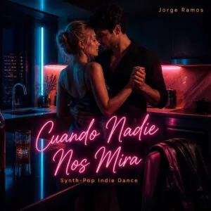 pareja en una cocina nocturna iluminada por neón suave, bailando cerca cuando nadie mira.