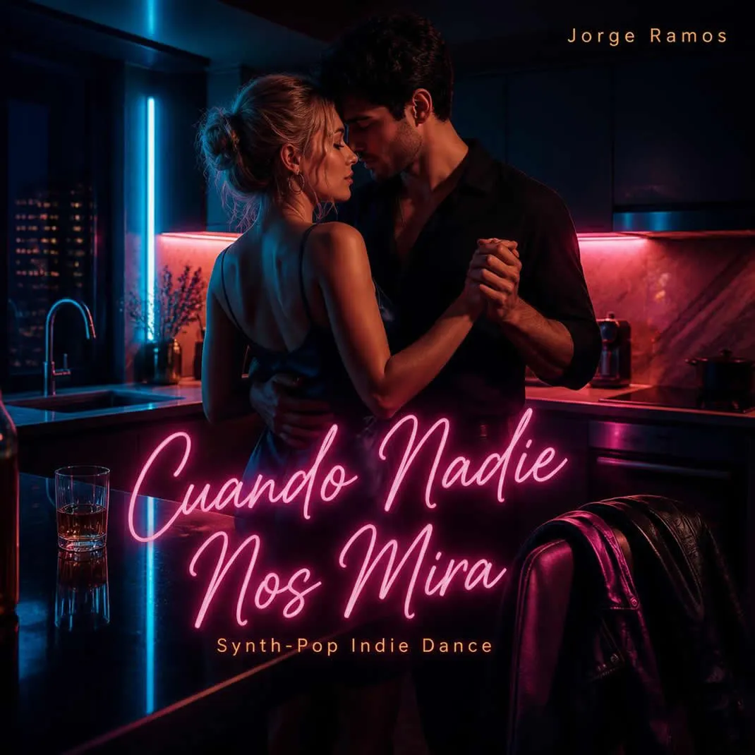 pareja en una cocina nocturna iluminada por neón suave, bailando cerca cuando nadie mira.