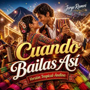 Portada pareja bailando en una celebración nocturna con energía romántica, luces cálidas, textiles andino.