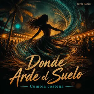 Portada figura bailando sobre una pista cálida como suelo encendido, falda en movimiento, tambor alegre, luces doradas y rojas.