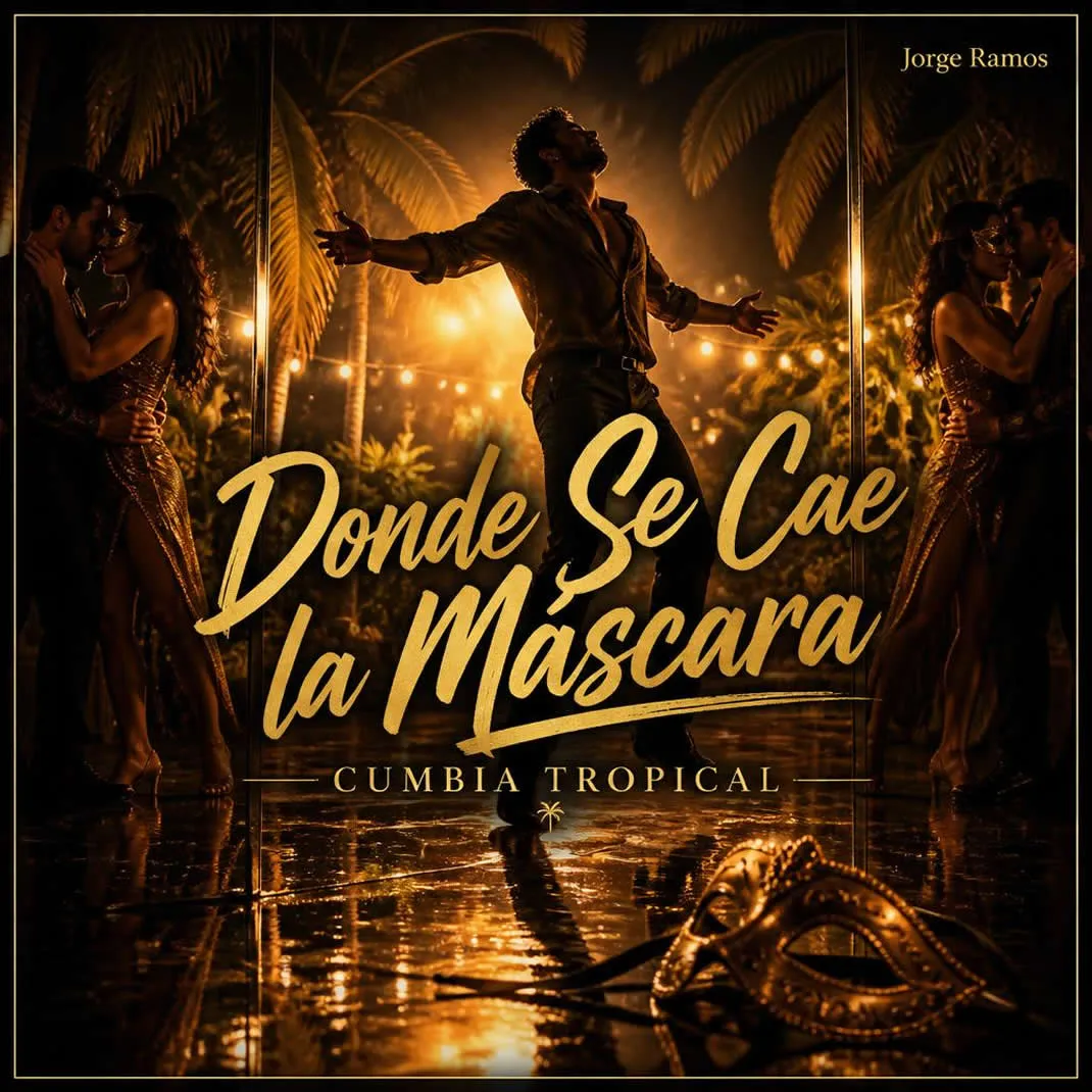 Portada pista nocturna como espejo, máscara cayendo al suelo, figura bailando con libertad y luces cálidas tropicales.