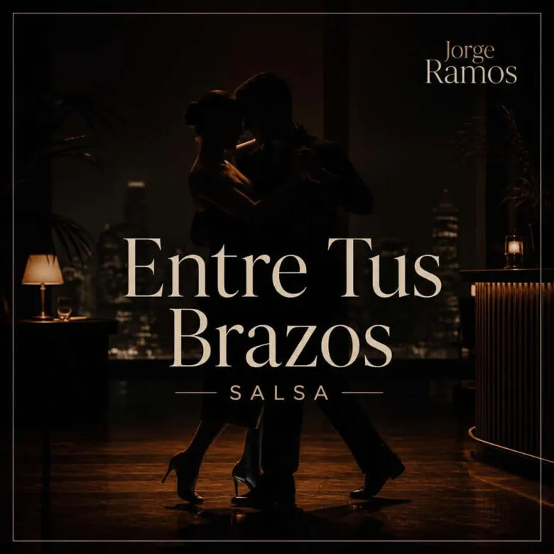 Portada cuadrada de salsa romántica moderna: ambiente nocturno elegante, dos siluetas bailando pegadas con luz cálida, sensación íntima y sofisticada; título “Entre Tus Brazos” legible.