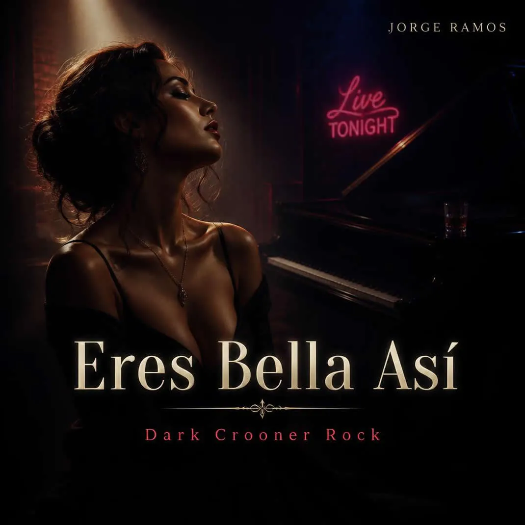 Portada premium de dark crooner rock y noir rock una mujer elegante en primer plano bajo luz cálida lateral, mirada serena y segura, vestido negro satinado, fondo de club nocturno con piano de cola en sombra y guitarra eléctrica desenfocada.