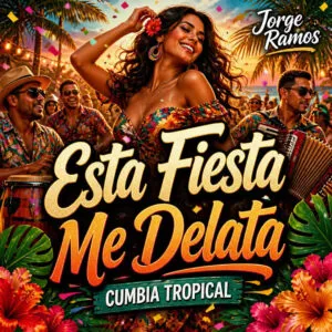 Portada fiesta de barrio nocturna con luces cálidas, cuerpos bailando cerca.