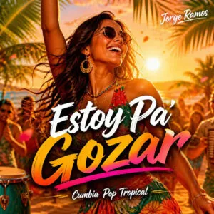 Portada figura segura bailando en una fiesta cálida, gesto alegre y despreocupado.
