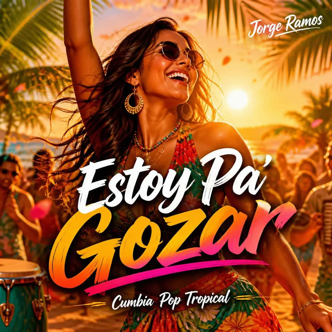 Portada figura segura bailando en una fiesta cálida, gesto alegre y despreocupado.