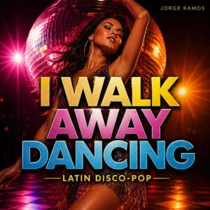 Portada premium de latin disco-pop con salsa moderna: una figura elegante saliendo de una puerta de club iluminada por luces doradas.