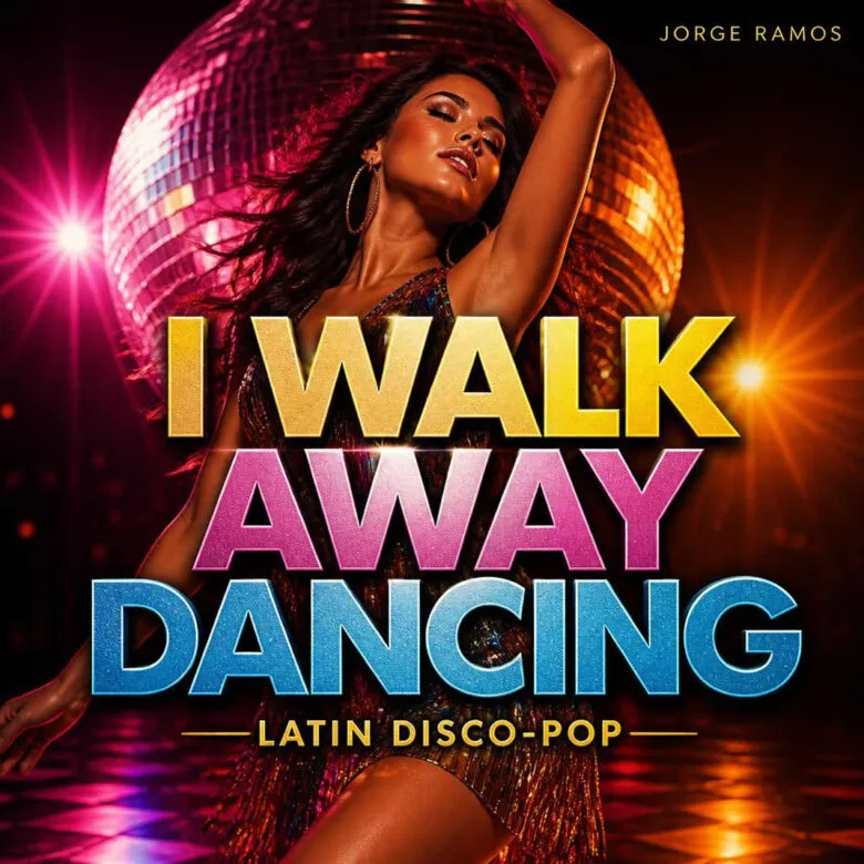 Portada premium de latin disco-pop con salsa moderna: una figura elegante saliendo de una puerta de club iluminada por luces doradas.