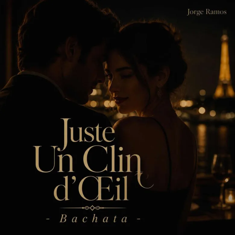 Portada “Juste Un Clin d’Œil”: escena nocturna íntima con luz baja y cálida; dos siluetas cercanas y un gesto sutil (guiño), tipografía elegante en francés y mood de clase, paz y deseo suave.
