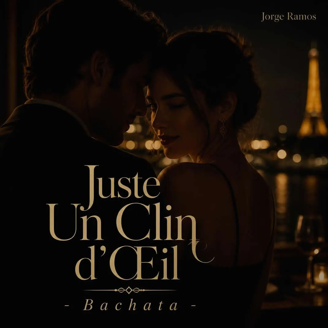 Portada “Juste Un Clin d’Œil”: escena nocturna íntima con luz baja y cálida; dos siluetas cercanas y un gesto sutil (guiño), tipografía elegante en francés y mood de clase, paz y deseo suave.