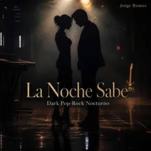 Portada premium de dark pop-rock nocturno: pista de baile casi vacía con luz baja azul y rojo vino, dos siluetas muy cerca sin tocarse.