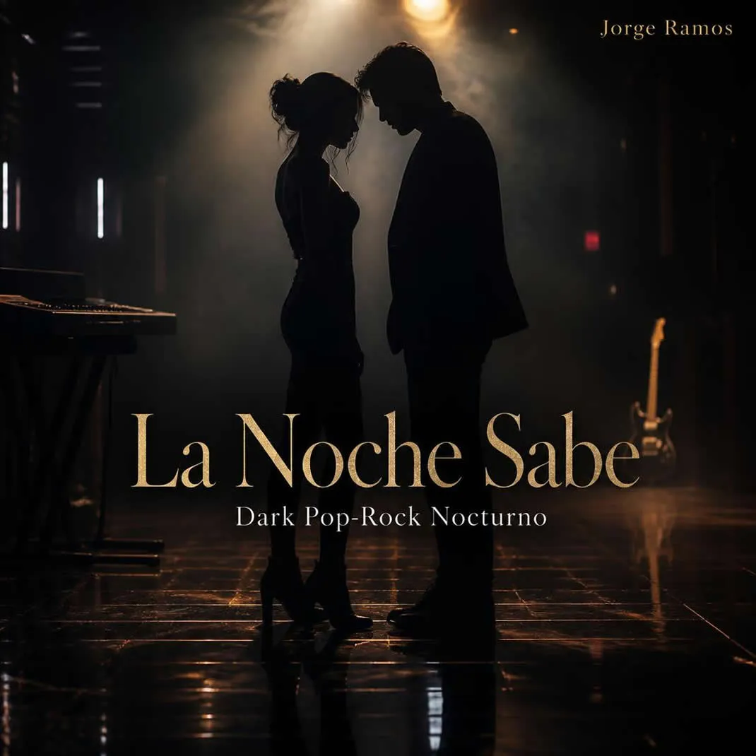 Portada premium de dark pop-rock nocturno: pista de baile casi vacía con luz baja azul y rojo vino, dos siluetas muy cerca sin tocarse.