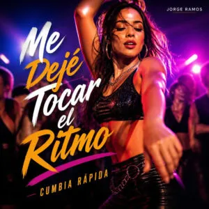 Portada fiesta latina caliente, persona bailando con gesto pícaro y divertido, movimiento intenso en la pista.