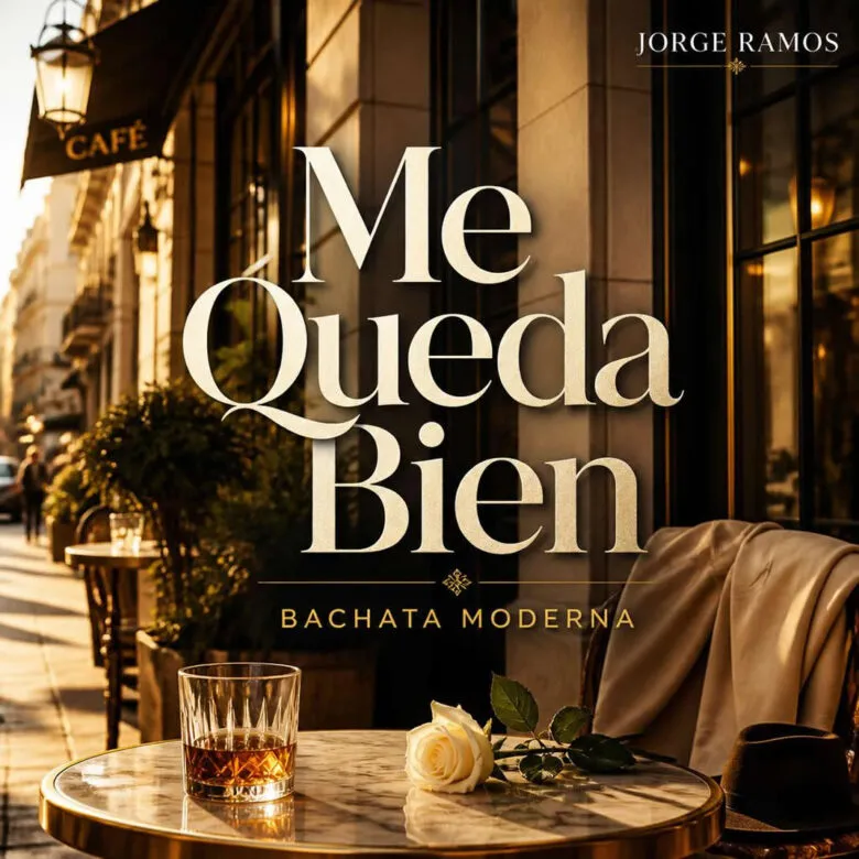 Portada cuadrada de bachata moderna con estética elegante y segura: una figura caminando con calma bajo luces cálidas nocturnas.